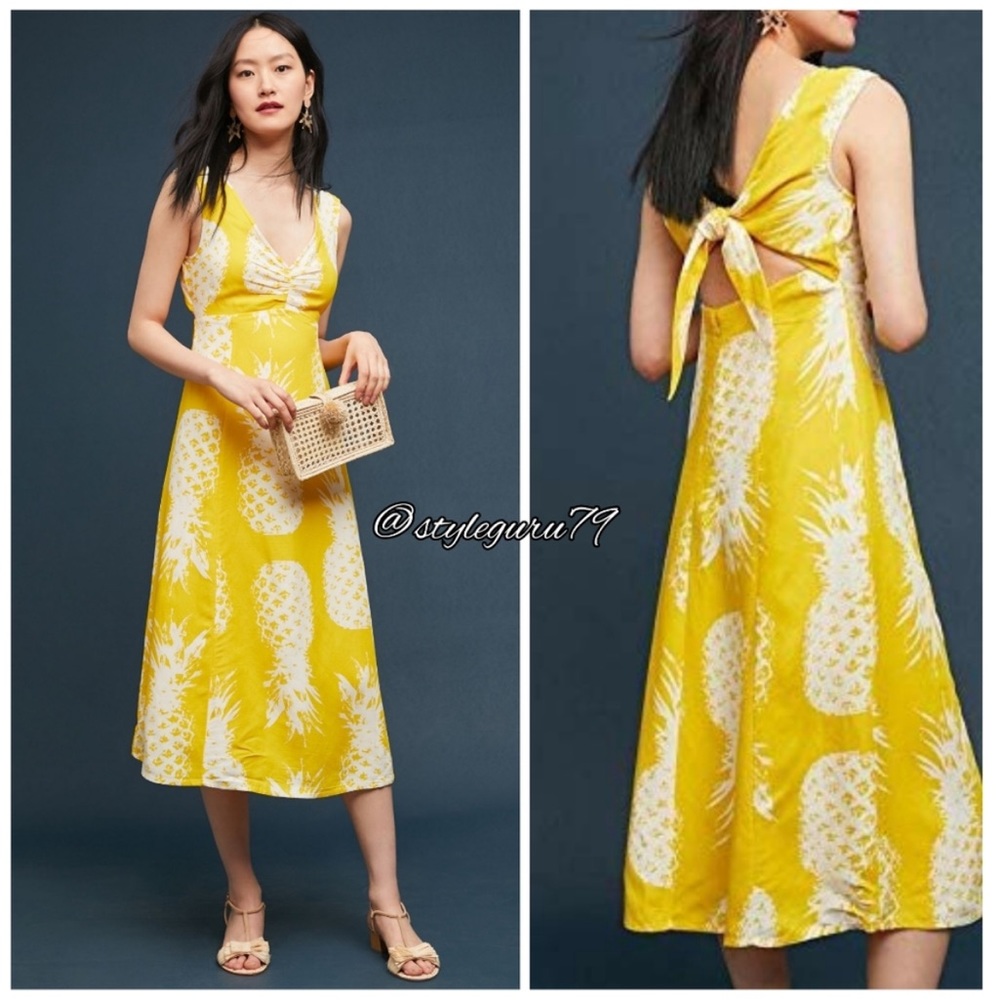 Anthropologie Maeve Pineapple Midi Print Dress Back Tie Size 14